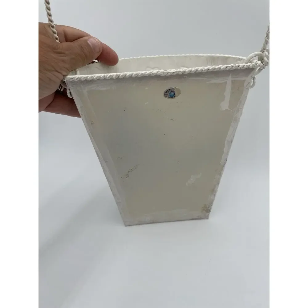 Vintage Style Wall Pocket Hanging Half Bucket Embossed Shabby White Flowers